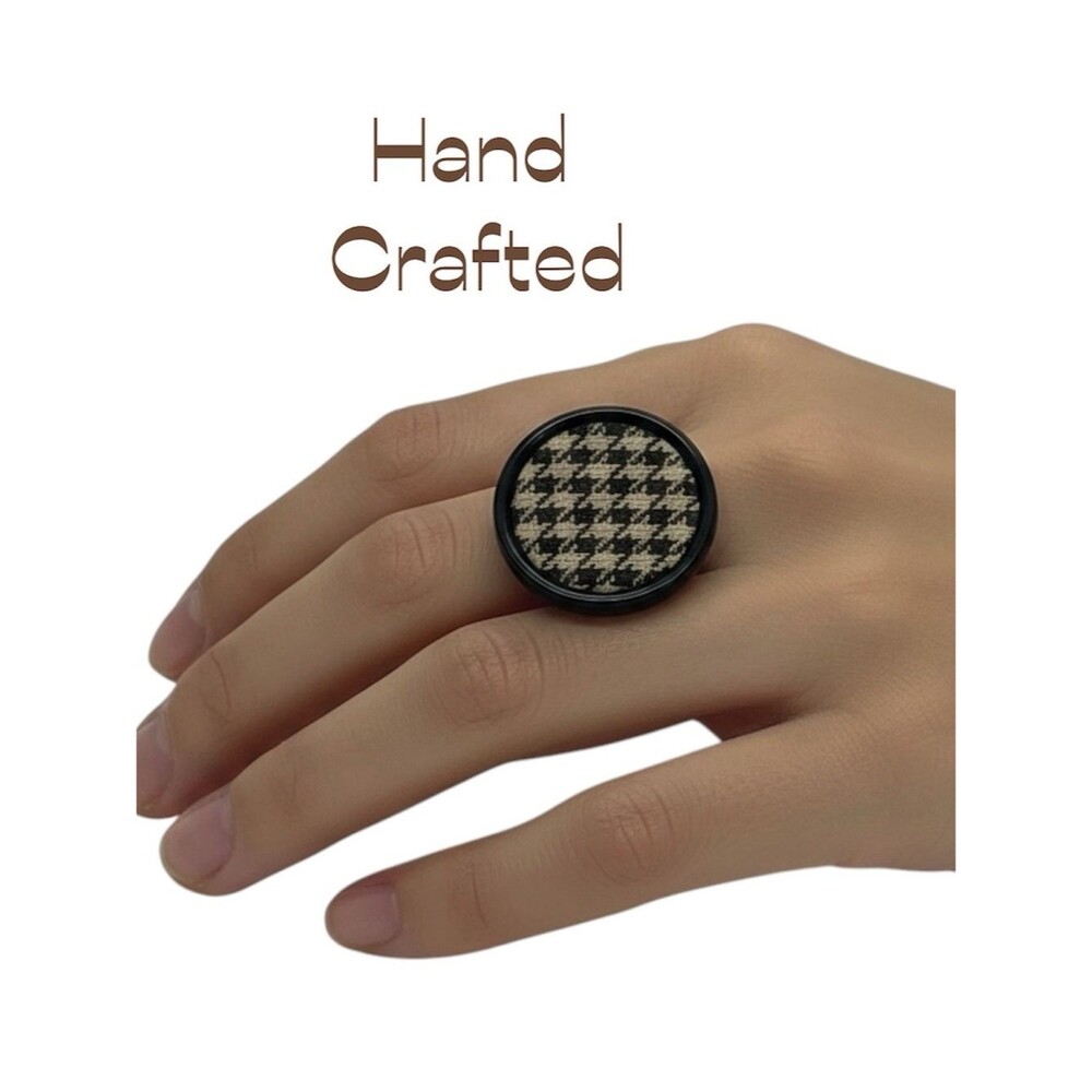 Hand Crafted Brown Cream Plaid Fabric Button Repurposed Into Ring NWT OS